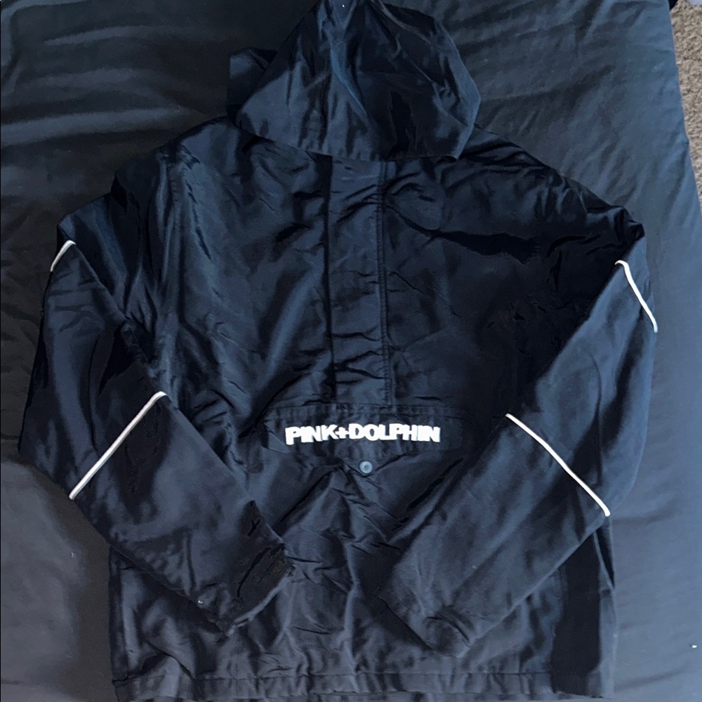 Pink Dolphin Black Hooded Windbreaker with White Piping - Men’s Large